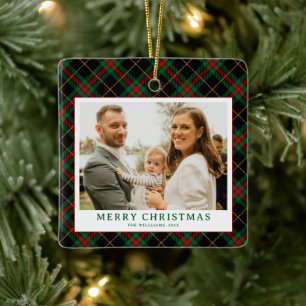 Vintage-Grünes-Tartan-Karo-Weihnachtsfoto Keramikornament