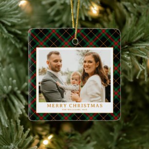 Vintage-Grünes-Tartan-Karo-Weihnachtsfoto Keramikornament