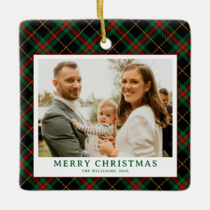 Vintage-Grünes-Tartan-Karo-Weihnachtsfoto Keramikornament