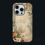 Vintage Grunge Artisan Botanische Monogramm iPhone 15 Pro Hülle<br><div class="desc">Künstlerisches Vintages Scharlach,  weiße und staubige blaue Blumen mit Salbei und braunem Blattwerk auf gestresstem Kunsthandwerk mit optionalem Textfeld für Ihren Namen oder Monogramm.</div>