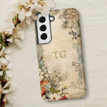 Vintage Grunge Artisan Botanische Monogramm Samsung Galaxy Hülle<br><div class="desc">Künstlerisches Vintages Scharlach,  weiße und staubige blaue Blumen mit Salbei und braunem Blattwerk auf gestresstem Kunsthandwerk mit optionalem Textfeld für Ihren Namen oder Monogramm.</div>