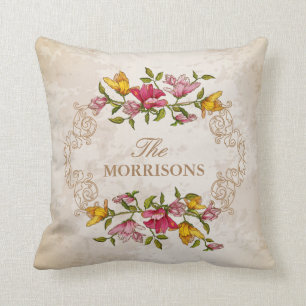 Vintage-Grunge-Blumenkranz-Monogramm-Familienname Kissen