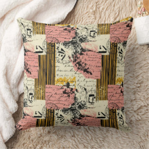 Vintage Grunge Collage Magenta Senf Schwarz Creme Kissen