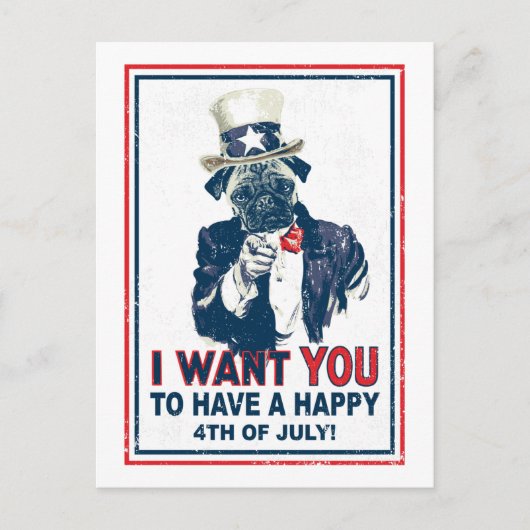 Vintage Grunge Onkel Sam Pug 4. Juli Postkarte (Vorderseite)