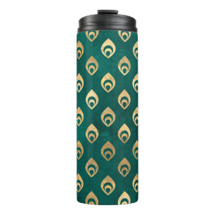 Vintage-Grunge-Teal-und-Gold-Pfau Thermosbecher
