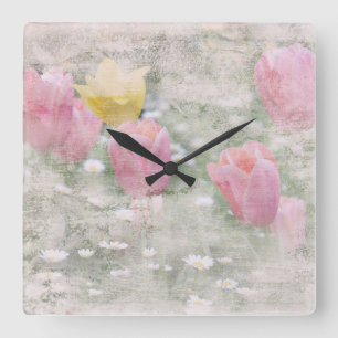 VINTAGE GRUNGE TULIPS QUADRATISCHE WANDUHR