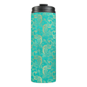 Vintage-Grunge-Türkis und Gold-Pfau Thermosbecher