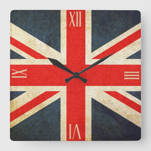 Vintage Grunge Union Jack Flag UK Roman Numbers Quadratische Wanduhr (Vorderseite)