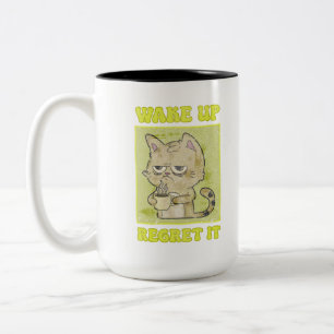 Vintage-Gruselige-Katze-Illustration-Wach-auf-und- Zweifarbige Tasse
