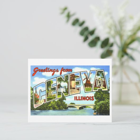 Vintage Grüße aus Genf, Illinois, Postkarte (Stehend Vorderseite)