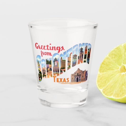 Vintage Grüße aus San Antonio, Texas Travel Schnapsglas (Vorderseite)