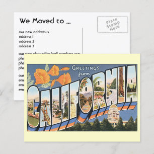Vintage Grüße Kalifornien, Adressenänderung Ankündigungspostkarte