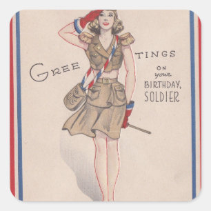 Vintage-Grüße Mädchen Geburtstag Soldat Quadratischer Aufkleber