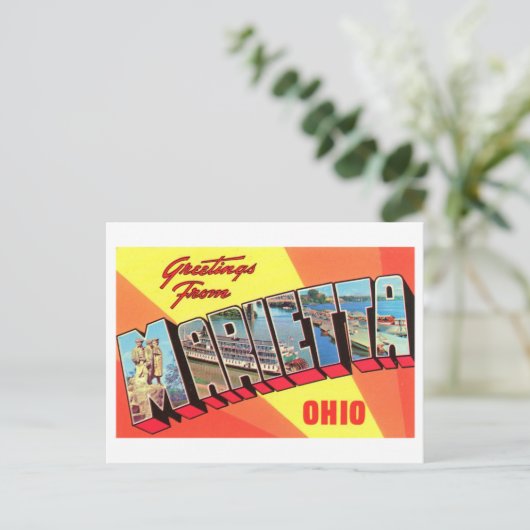 Vintage Grüße von Marietta, Ohio Postkarte (Stehend Vorderseite)