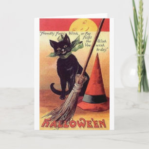 Vintage Grußkarte zum Halloween mit schwarzer Katz Karte