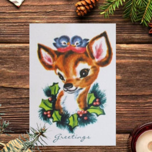 Vintage Grußkarten mit Rudolph und blauen Vögeln Feiertagskarte