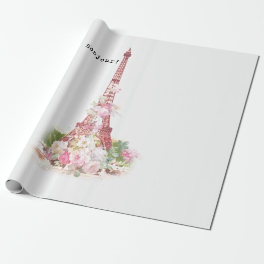 Vintage gürtelrosa Blume Paris Eiffelturm Geschenkpapier (Ungerollt)