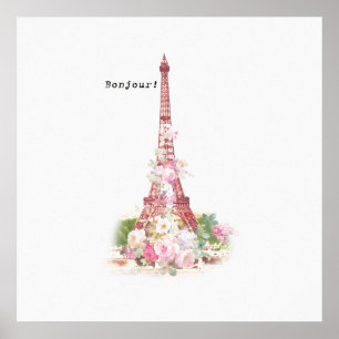 Vintage gürtelrosa Blume Paris Eiffelturm Poster