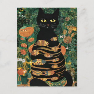Vintage Gustav Klimt Schwarze Katze in einem Blume Postkarte
