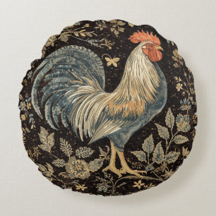 Vintage Hahn, Blumenmuster, schwarzer Hintergrund Rundes Kissen