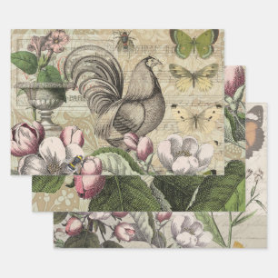 Vintage Hahn Garten Collage Kunst: Französisches L Geschenkpapier Set