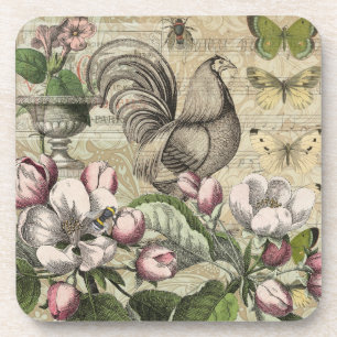 Vintage Hahn Garten Collage Kunst: Französisches L Getränkeuntersetzer