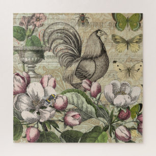 Vintage Hahn Garten Collage Kunst: Französisches L Puzzle