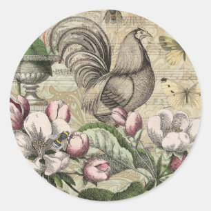 Vintage Hahn Garten Collage Kunst: Französisches L Runder Aufkleber
