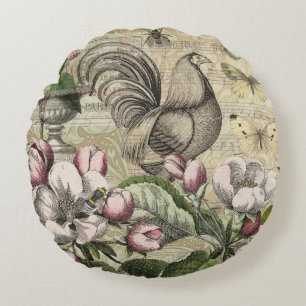Vintage Hahn Garten Collage Kunst: Französisches L Rundes Kissen