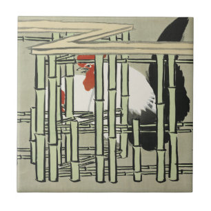 Vintage-Hahn hinter Bambuszaun-Kunst Fliese