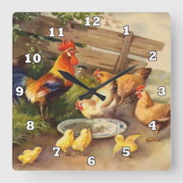 Vintage Hähnchen und Hühner Dekoration Quadratische Wanduhr
