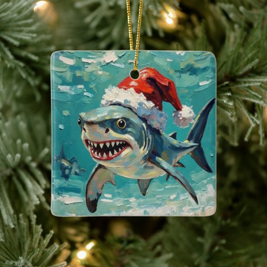 Vintage-Hai mit Weihnachtsmannmütze Weihnachtskuns Keramikornament (Baum)