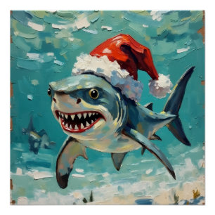 Vintage-Hai mit Weihnachtsmannmütze Weihnachtskuns Poster