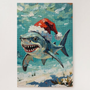 Vintage-Hai mit Weihnachtsmannmütze Weihnachtskuns Puzzle