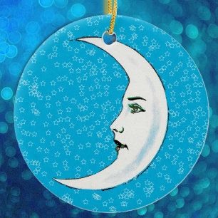Vintage-Halbmond mit Gesicht und weißen Sternen Keramik Ornament