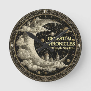 Vintage-Halbmond mit Wolken. Retro-Victorianisch Runde Wanduhr