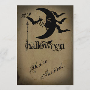 Vintage-Halbmond- und Fledermäuse-Halloween-Party Einladung