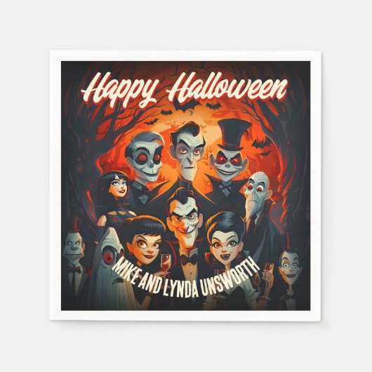 Vintage Halloween 1950er Kostüme und Cocktails Serviette (Vorderseite)