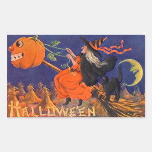 Vintage-Halloween-Aufkleber Hexenkatze Rechteckiger Aufkleber