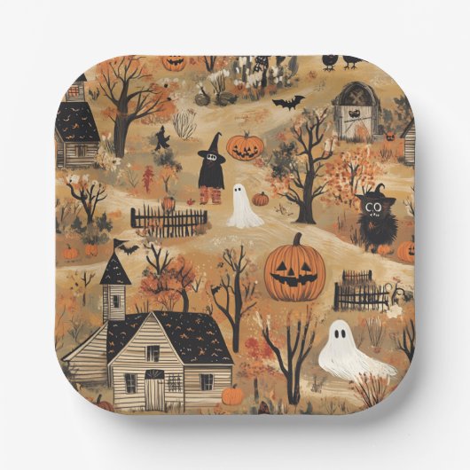 Vintage-Halloween-Bauernhofmuster Pappteller (Vorderseite)