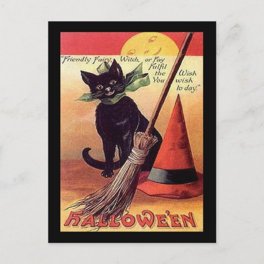 Vintage Halloween Black Cat Hexenkarte Postkarte (Vorderseite)