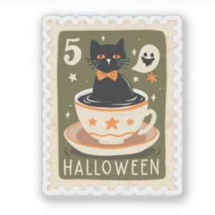Vintage Halloween Black Cat in Teacup-Briefmarke Aufkleber