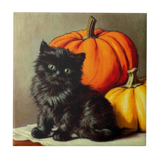 Vintage Halloween Black Cat und Pumpkins Fliese (Vorderseite)