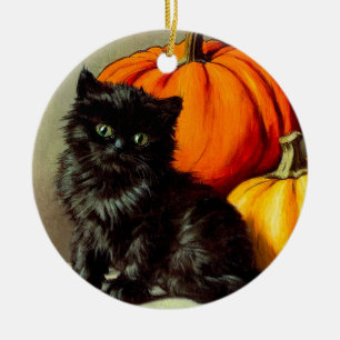 Vintage Halloween Black Cat und Pumpkins Keramik Ornament