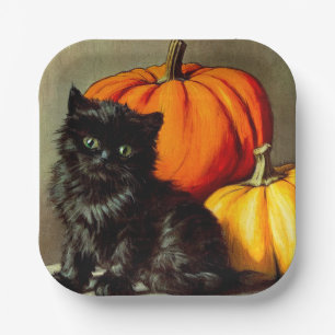 Vintage Halloween Black Cat und Pumpkins Pappteller