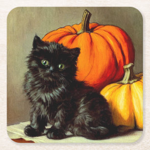 Vintage Halloween Black Cat und Pumpkins Rechteckiger Pappuntersetzer