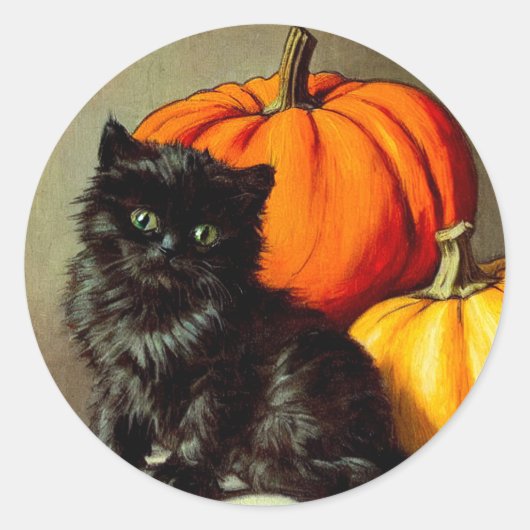 Vintage Halloween Black Cat und Pumpkins Runder Aufkleber (Vorderseite)