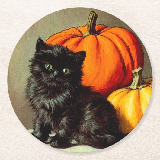 Vintage Halloween Black Cat und Pumpkins Runder Pappuntersetzer (Vorderseite)