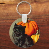 Vintage Halloween Black Cat und Pumpkins Schlüsselanhänger (Vorderseite)