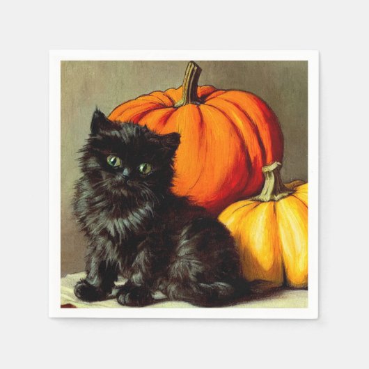 Vintage Halloween Black Cat und Pumpkins Serviette (Vorderseite)